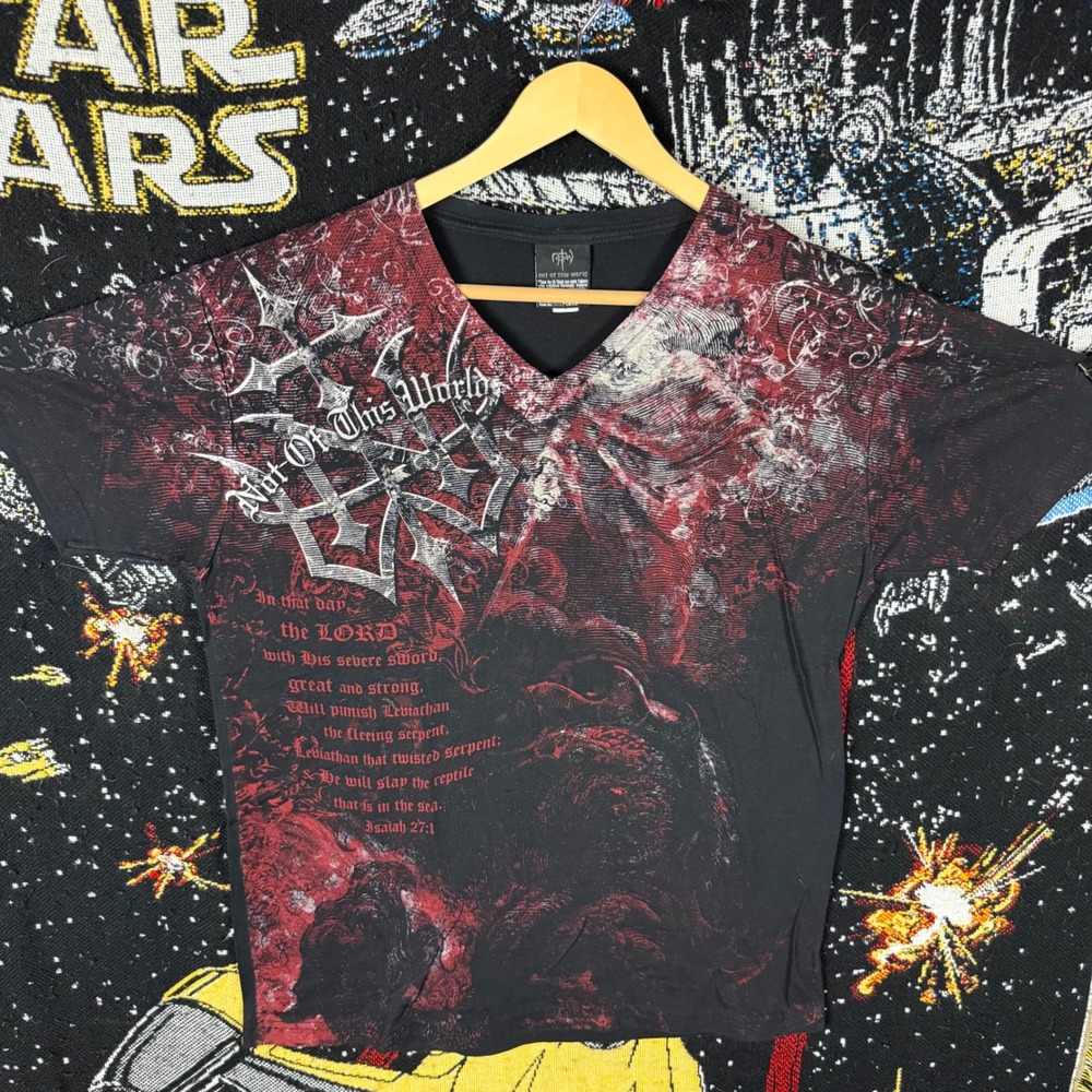 NOTW Not Of This World Mens Large Black Red Isaiah 27:1 Graphic V-Neck T-Shirt